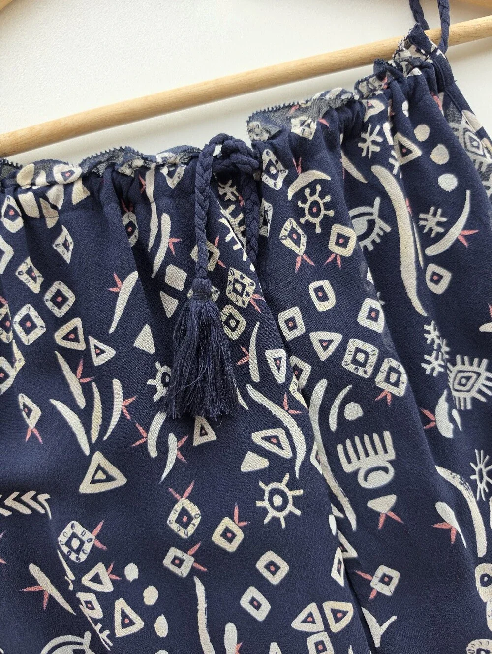 Tory Burch Silk Navy Blue Geometric Tribal Print Wide Leg Jumpsuit